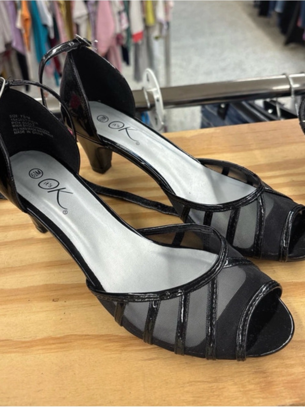 Black Mesh Peep-Toe Low Heel Sandals with Ankle Strap